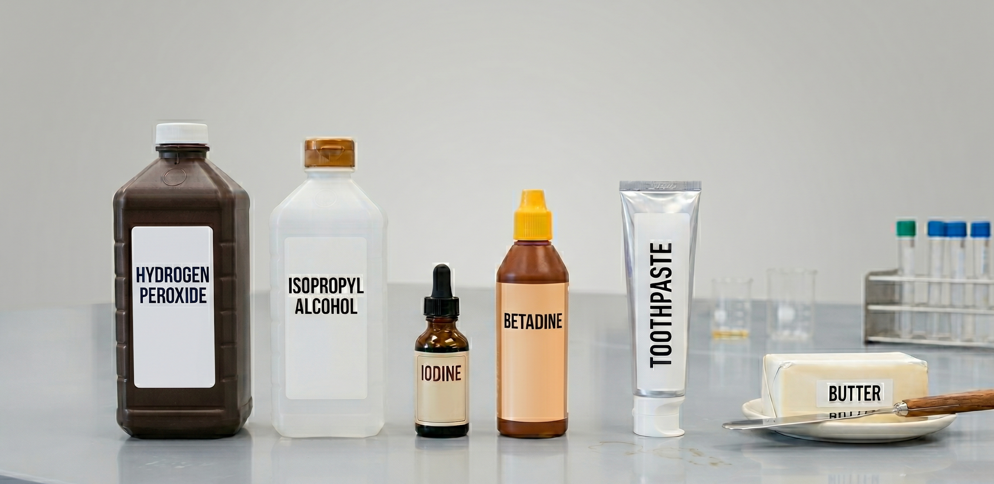 Bottles of Different Substances on a Counter